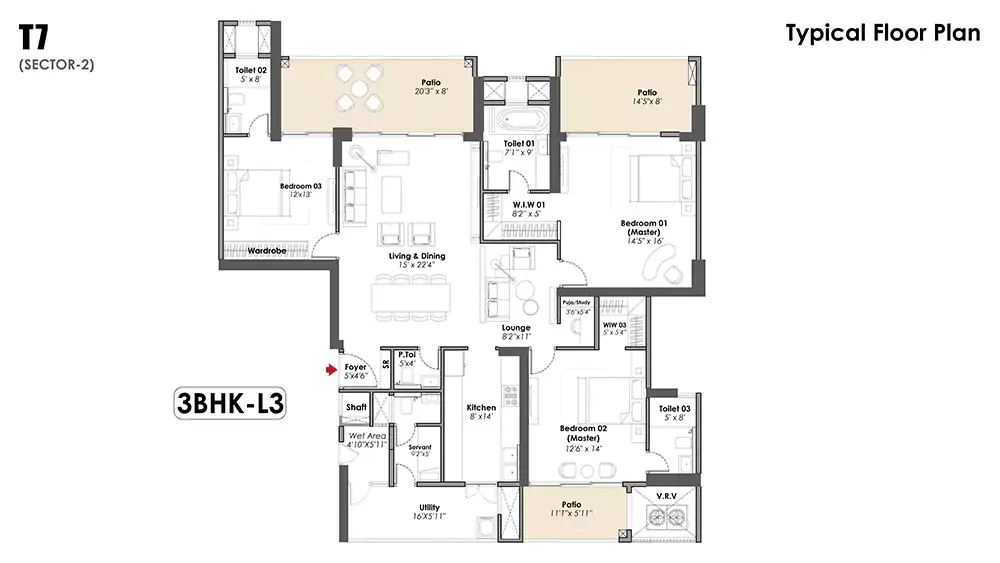 3 BHK Typical Floor Plan