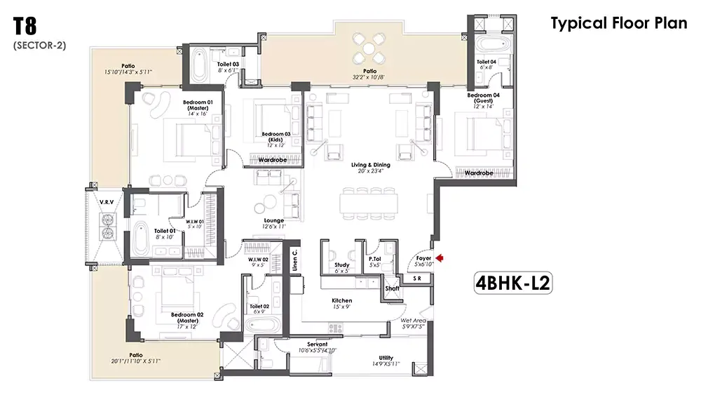 3 BHK Typical Floor Plan